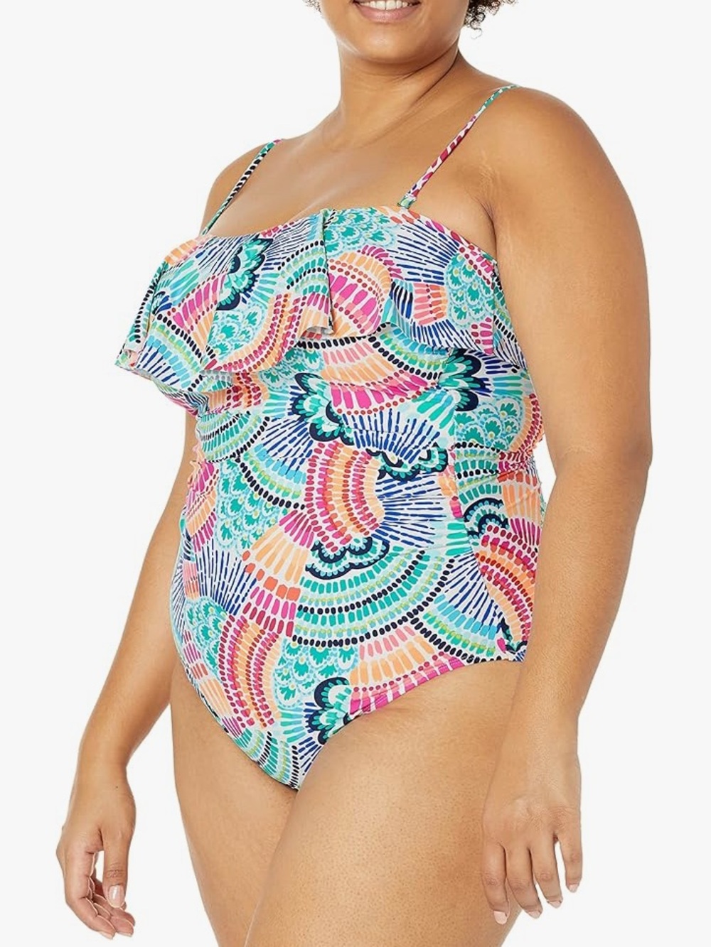 NWT LA BLANCA WAVES OF COLOR RUFFLED BANDEAU ONE PIECE 16W